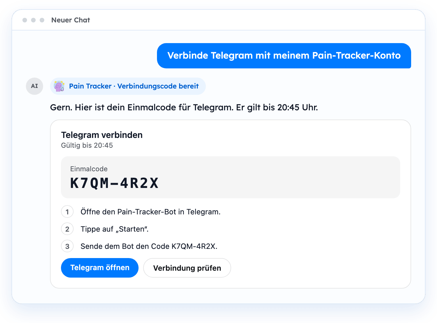 Ein Chatfenster, in dem der Nutzer Telegram verbinden möchte und Pain Tracker einen Einmalcode zeigt