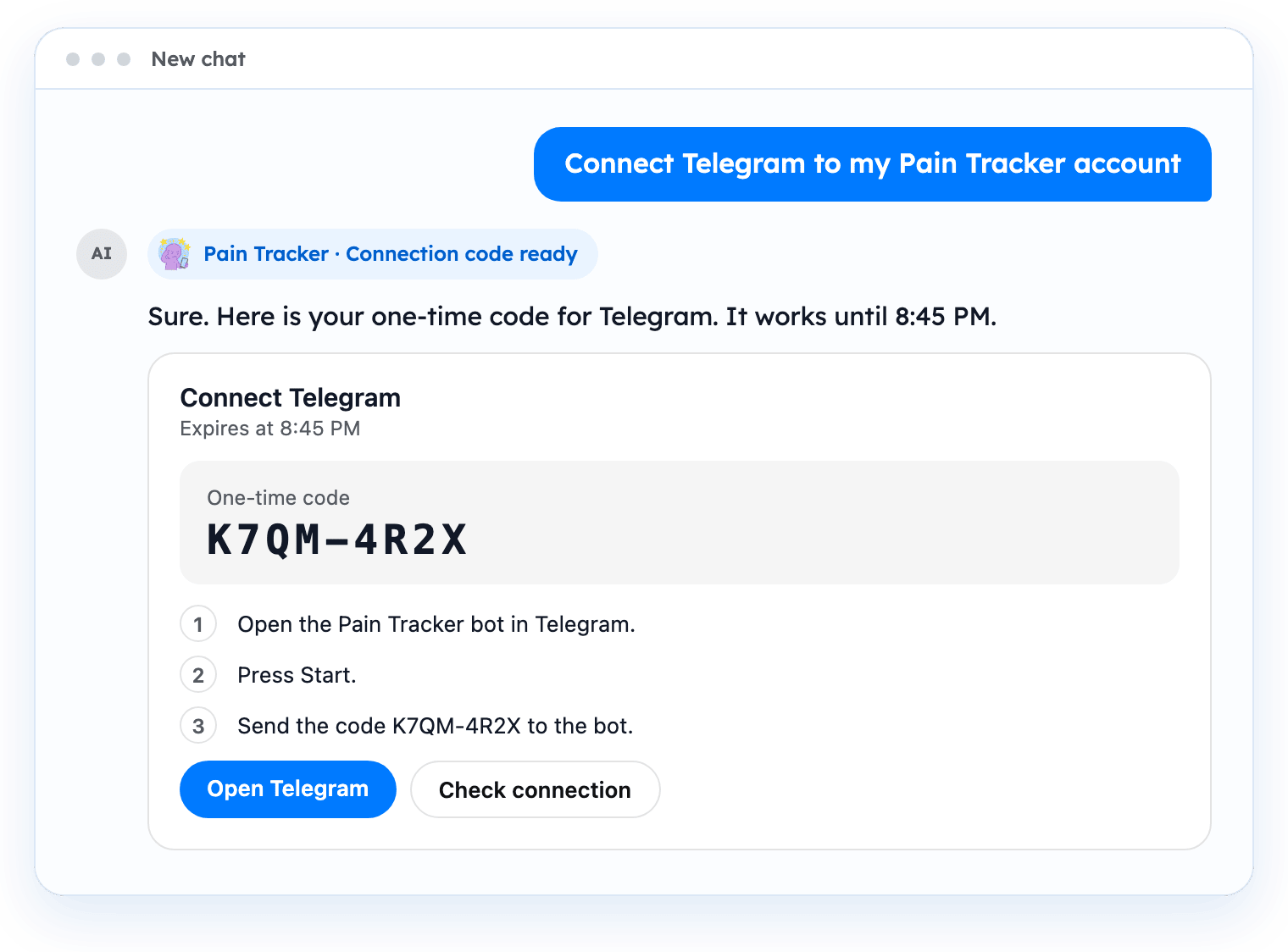 A chat window where the user asks to connect Telegram and Pain Tracker shows a one-time code