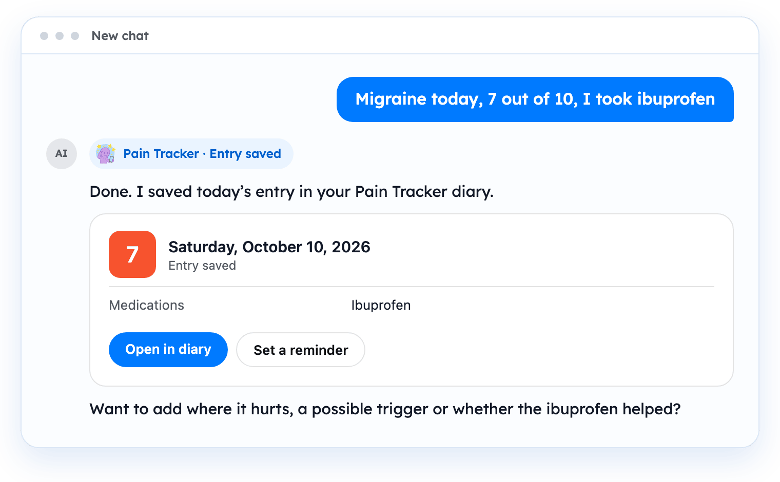 A chat window where the user logs a migraine and the Pain Tracker card shows the saved entry