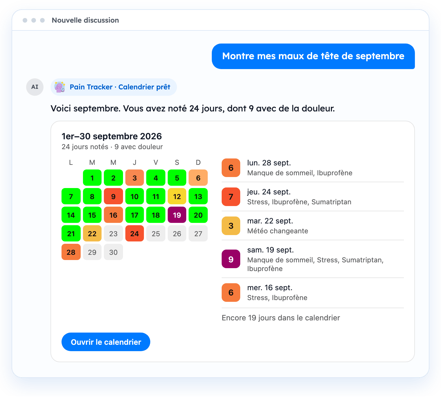 Une fenêtre de discussion où l’utilisateur demande septembre et où Pain Tracker affiche un calendrier avec les dernières entrées