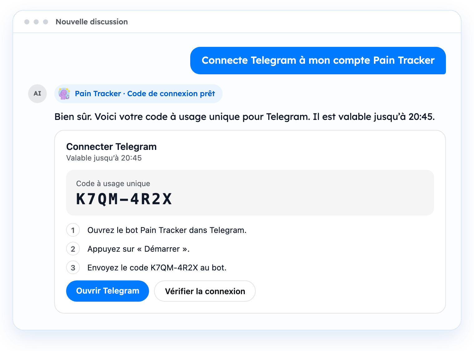 Une fenêtre de discussion où l’utilisateur demande de connecter Telegram et où Pain Tracker affiche un code à usage unique