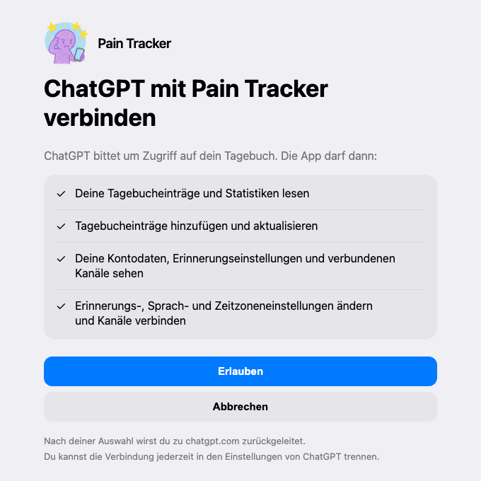 Die Berechtigungsseite, die ChatGPT beim Verbinden deines Kontos öffnet
