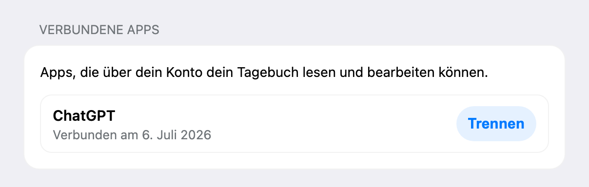 Der Bereich „Verbundene Apps“ in den Einstellungen der Web-App