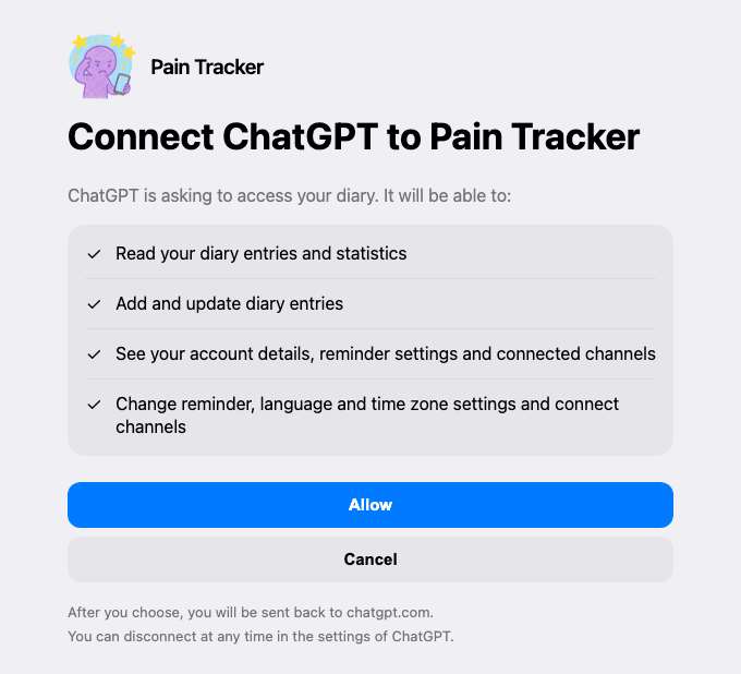 The permission page ChatGPT opens when you connect your account
