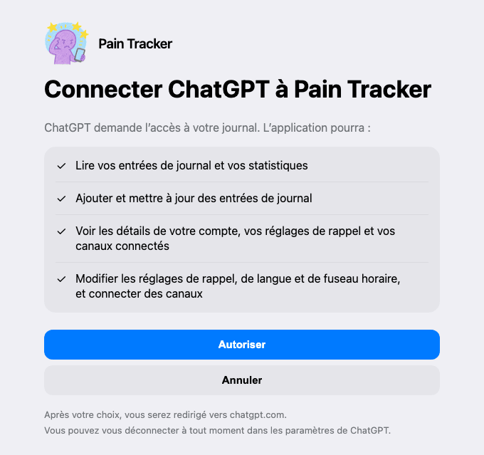 La page des autorisations qui s’ouvre lorsque vous connectez votre compte