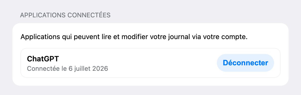 La section « Applications connectées » dans les paramètres de l’application web