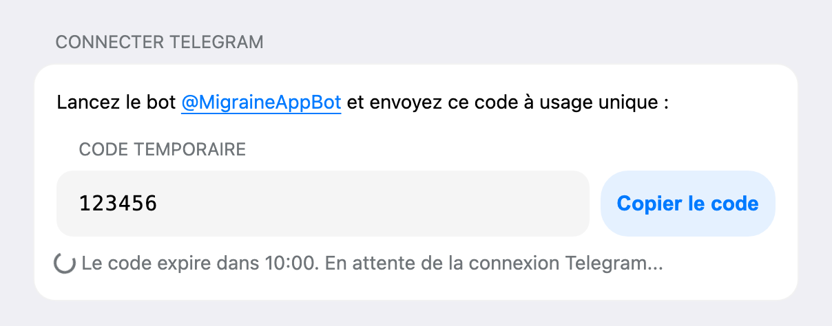 Capture d’écran de la connexion Telegram